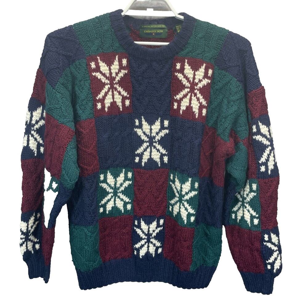 Vtg Embassy Row XL Blue Green Red Wool Sweater Color Block Cable Knit Crew Men's